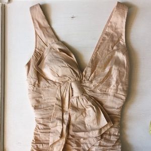 BCBGMaxazria Champagne Ruched Bow Cocktail Dress